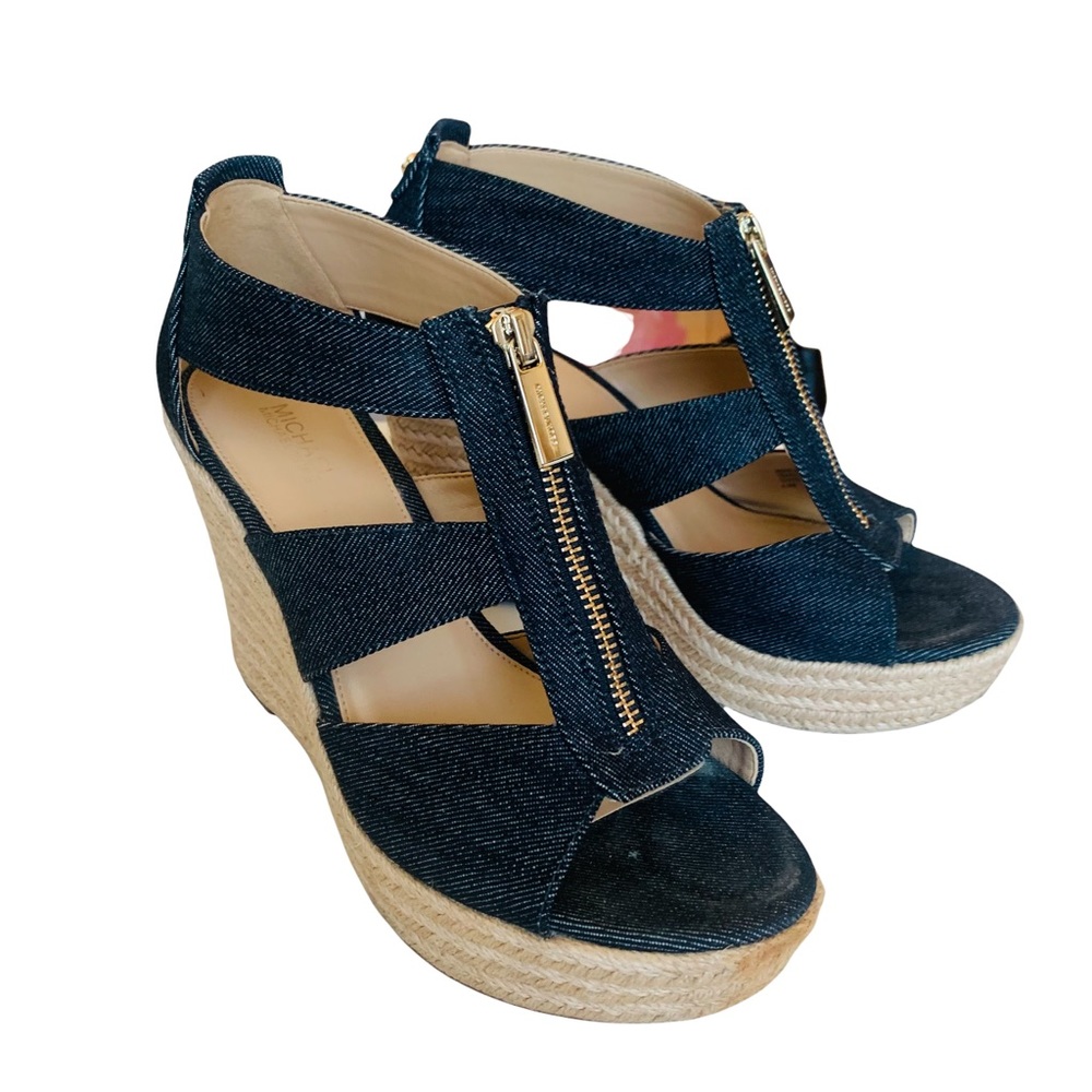 Michael Kors Wedges Heels Blue Jeans Denim Gold Zipper Size 6.5